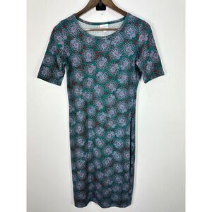 LuLaRoe XS Green Floral Geometric Print Bodycon Dress Made in USA Boho Retro